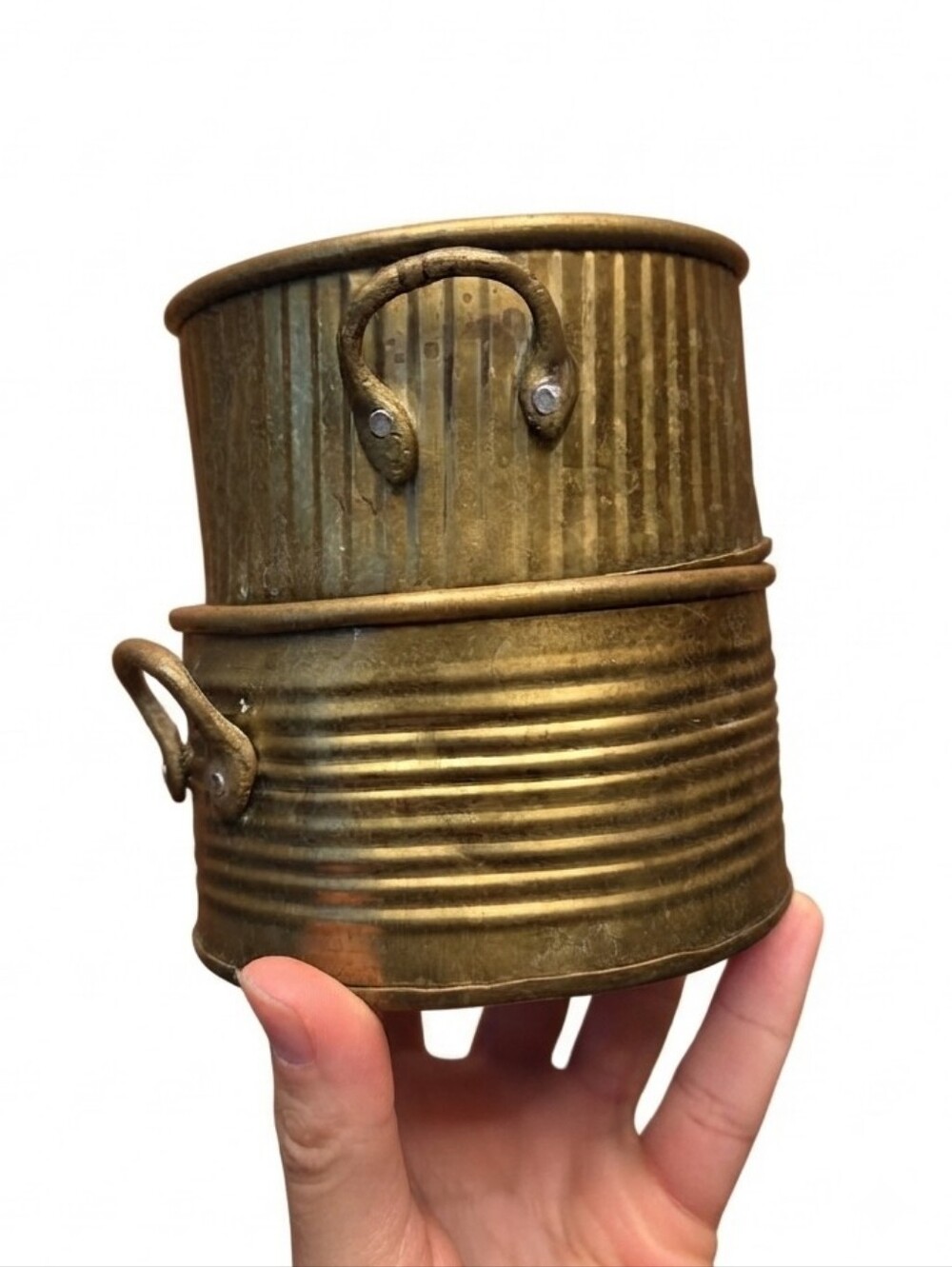 Set of 2 Vintage Fluted Brass Pot Planters Small Ribbed Cachepots With Handles